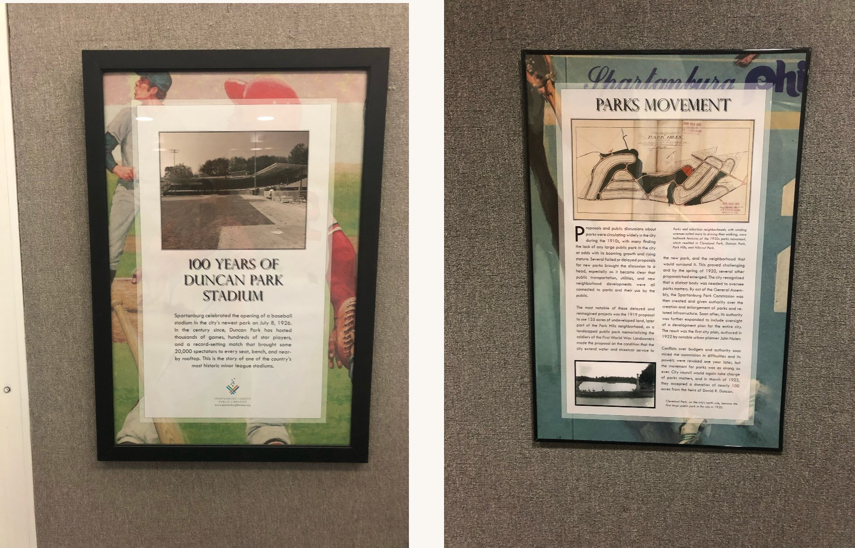 100 Years of Duncan Park Stadium display at Spartanburg County Library