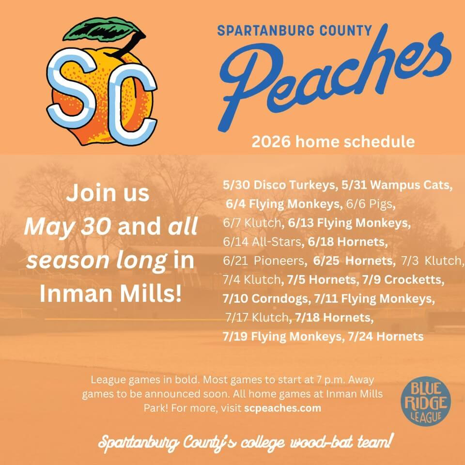 Spartanburg County Peaches 2026 home schedule graphic featuring the team's peach logo, listing games from May 30 through July 24 at Inman Mills Park, with league games in bold and the Blue Ridge League logo in the corner.