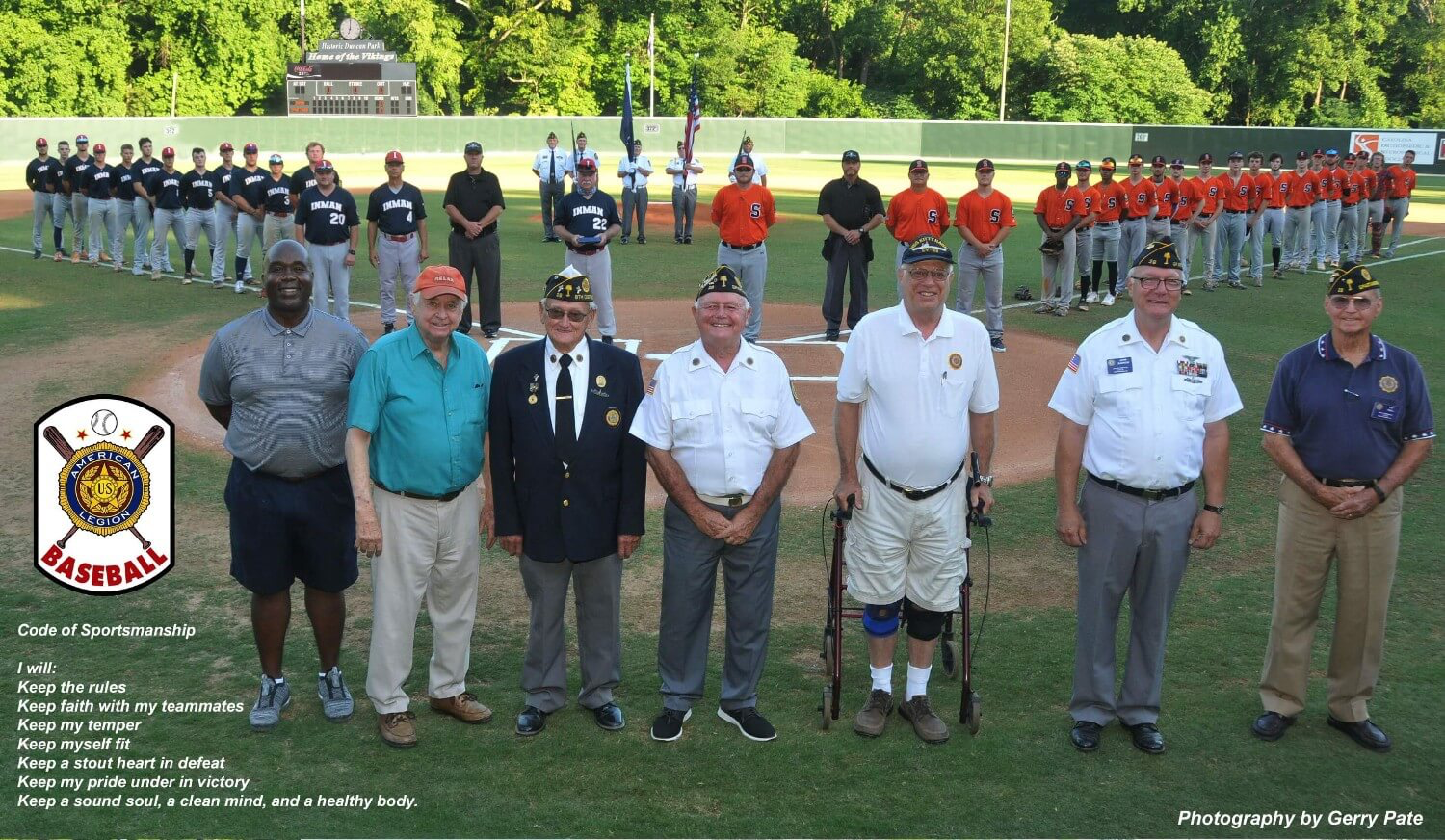 Spartanburg American Legion Post 28 coaches, players, administrators, and advisors proudly pose on their home field in celebration of 100 years of Legion baseball.