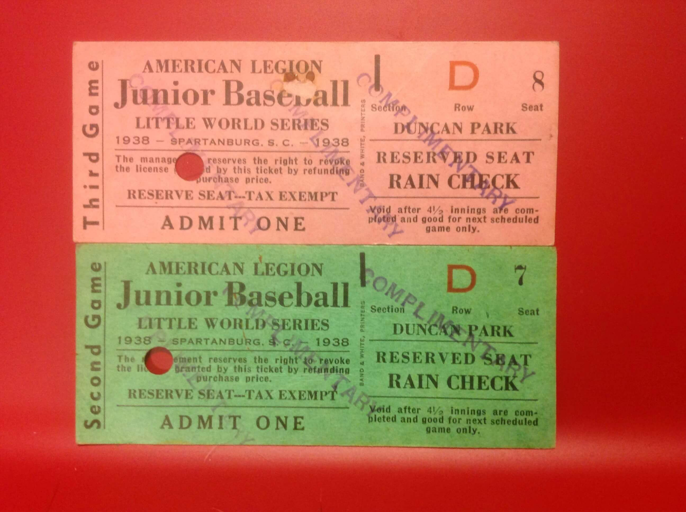 Tickets from the 1938 American Legion Little World Series, also played at Duncan Park, in which Post 28 lost to a team from San Diego. This and the preceding two photographs are of items from the collection of Susan Wood Pope.