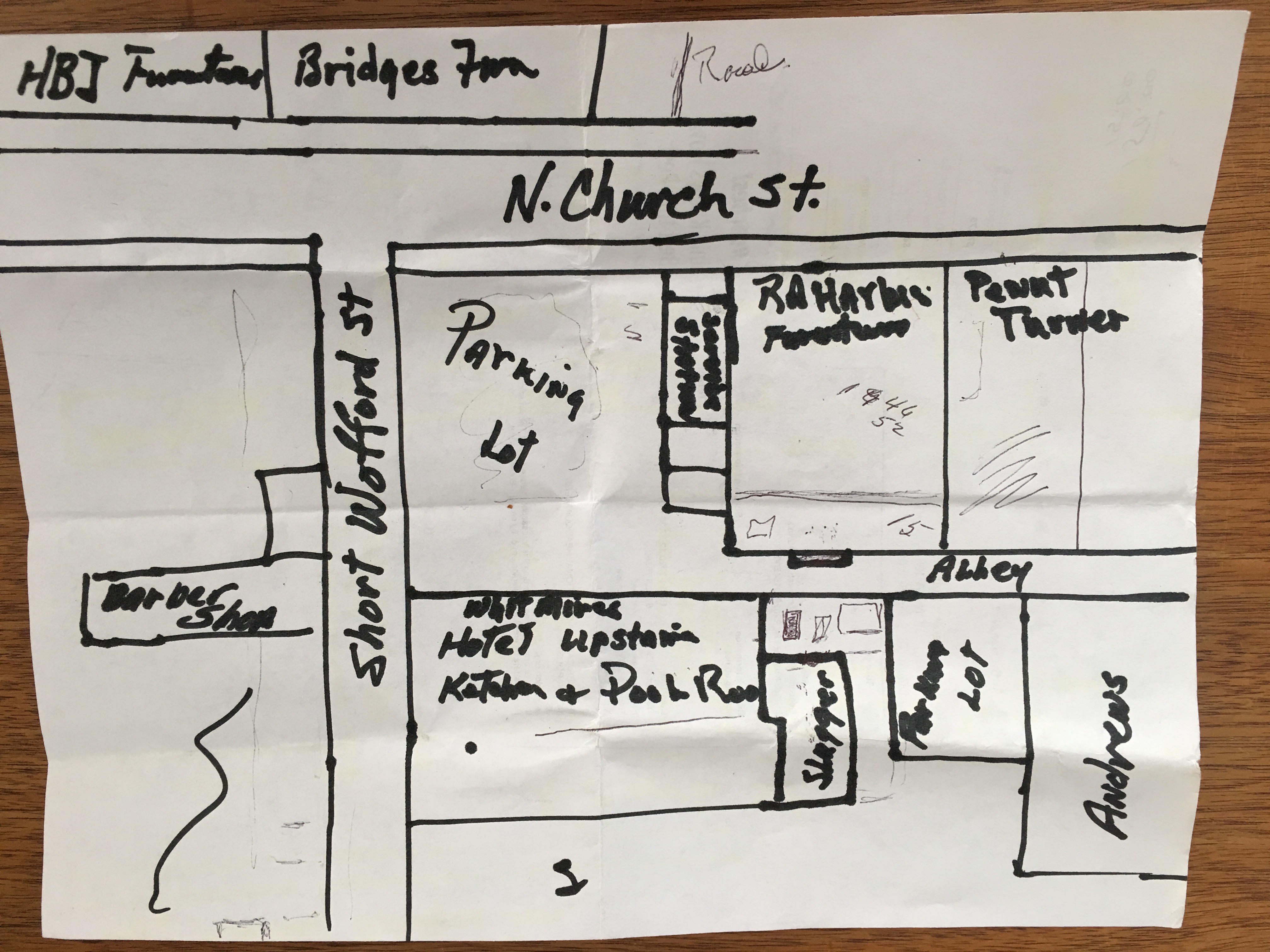 Sketch by Jim Harbison showing the location of the Whitmires' hotel and cafe on the now nonexistent Short Wofford Street across the alley from his family's furniture store parking lot. On the right side of the building the area labeled "Slugger" identifies the equipment storage and changing area for the team. "HBJ Furniture" is the location of the former landmark Hammond Brown Jennings store, familiar to many current residents, on North Church Street.